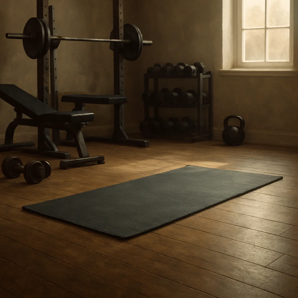 拯救她的代價,是我自己 家庭健身房地上鋪的瑜珈墊 a yoga mat on the floor in the home gym
