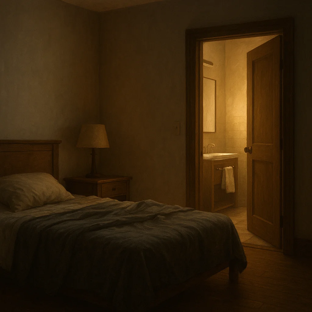 bedroom with the bathroom door open