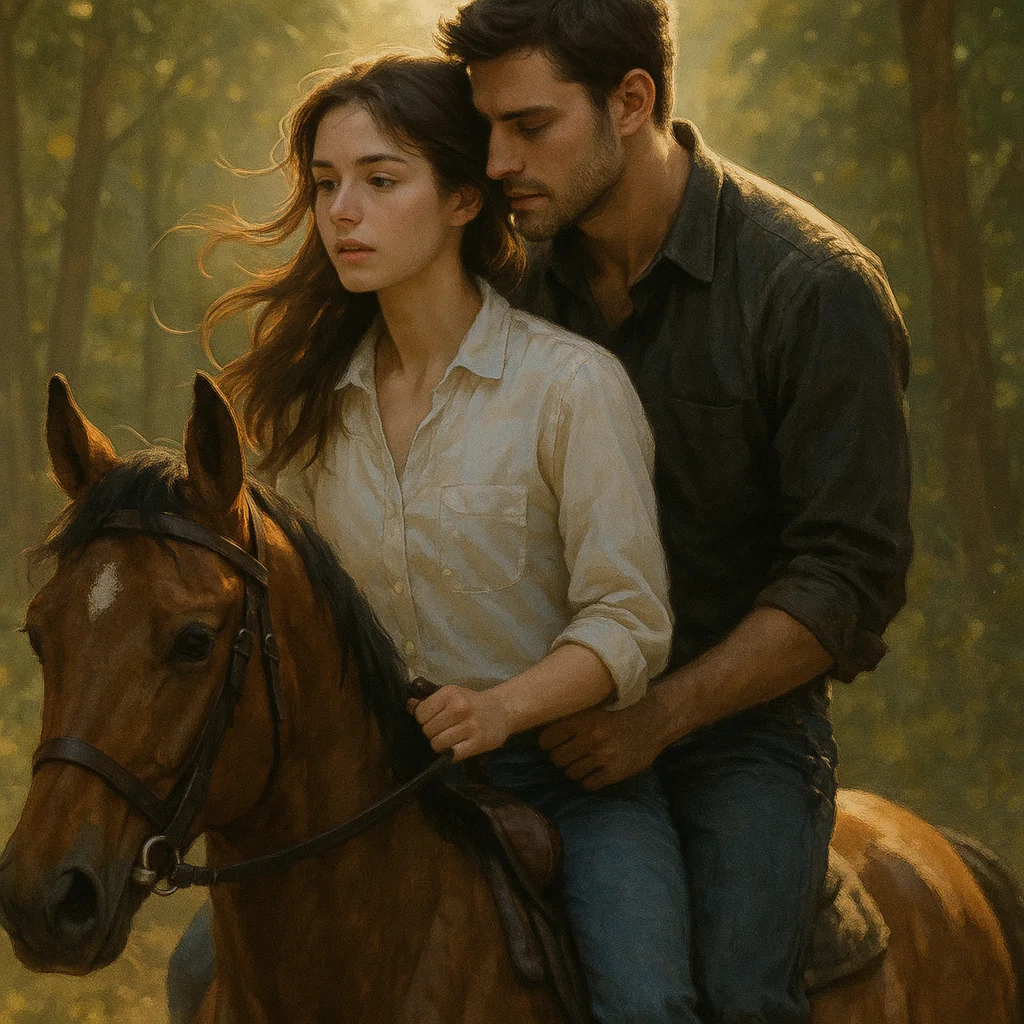 a couple riding the horse