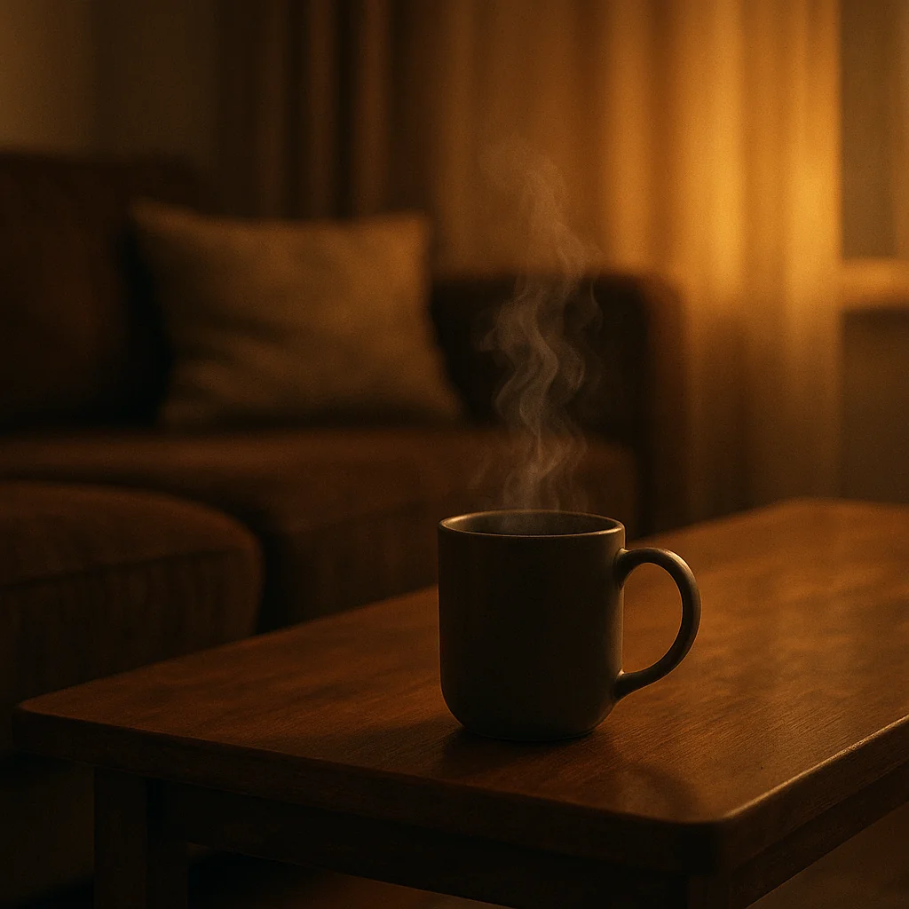 saving her broke me a steaming mug on the coffee table