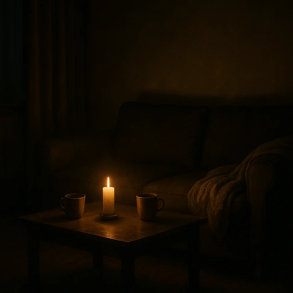 savingherbrokeme a dimly lit living room at night, with a candle on a coffee table casting soft golden light 拯救她的代價,是我自己