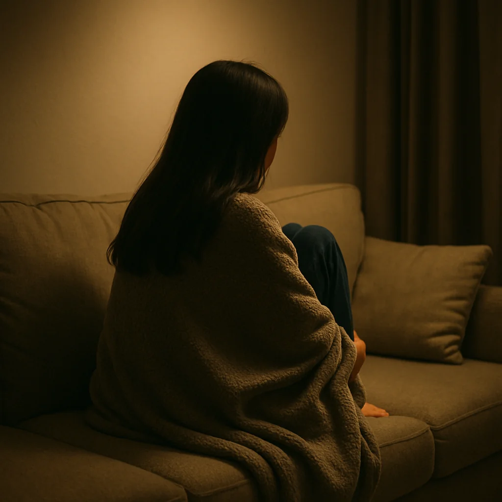 savingherbrokeme a girl sitting on the couch wrapped in the blanket 拯救她的代價,是我自己