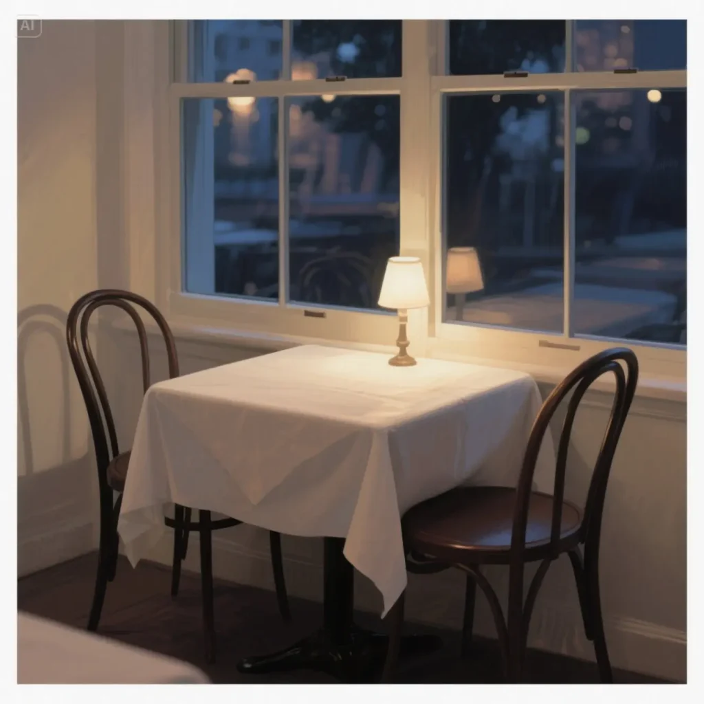 savingherbrokeme a softly lit restaurant table for two, by a window