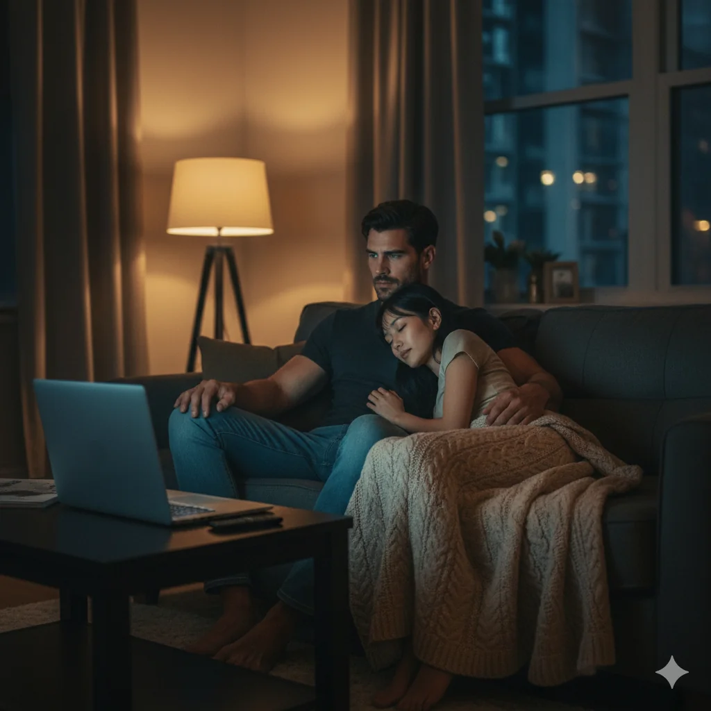 saving her broke me a couple cuddling on the couch 拯救她的代價,是我自己