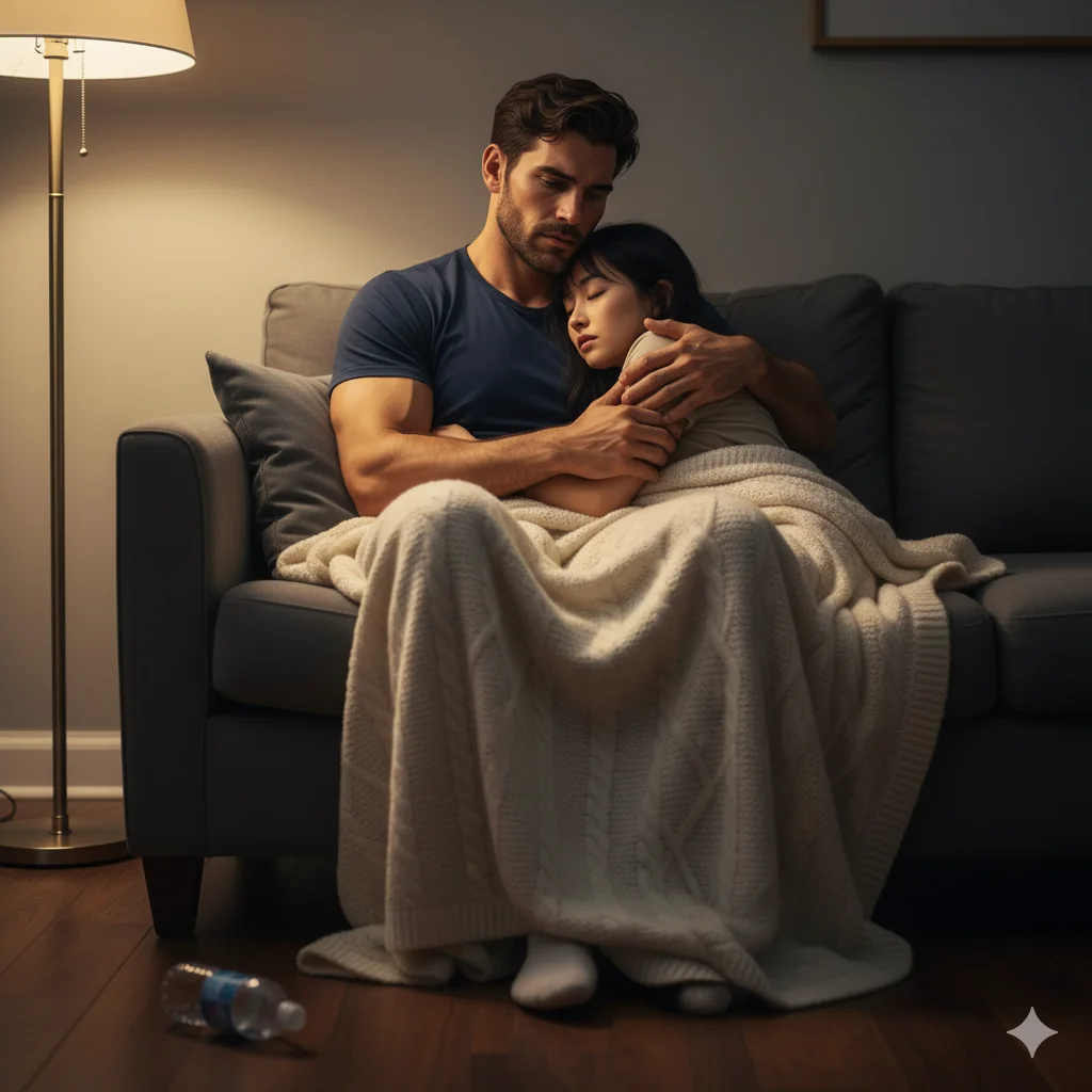 Saving Her Broke Me A tall, broad-shouldered man in his early thirties sits on a sofa, holding a young woman asleep against his chest. 拯救她的代價,是我自己