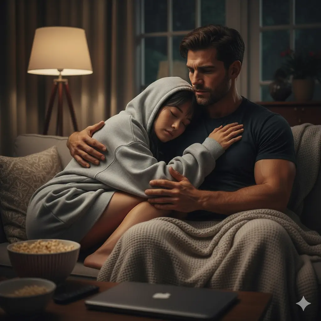 savingherbrokeme a couple cuddle on the sofa 拯救她的代價,是我自己