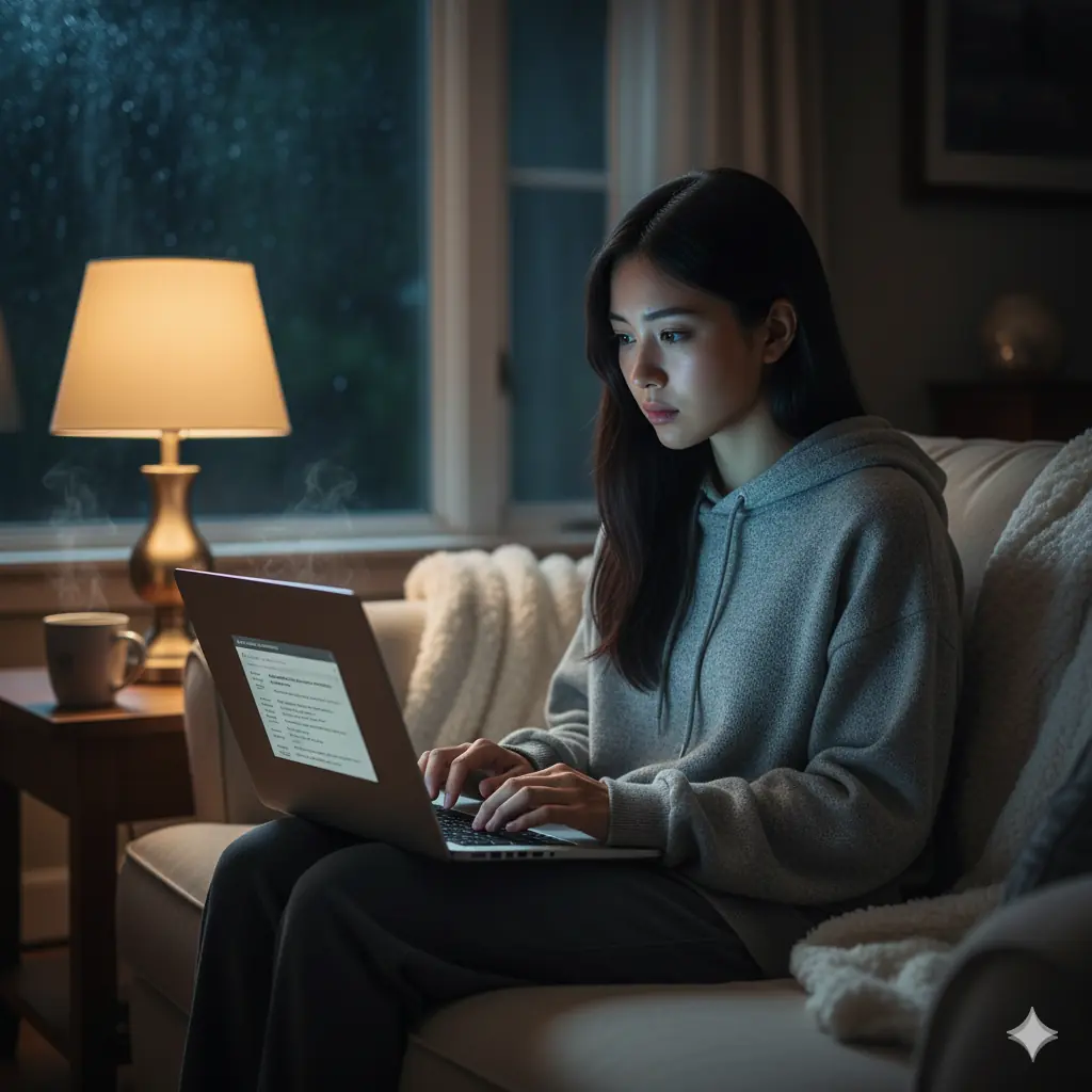 拯救她的代價,是我自己savingherbrokemech72 A young woman with long dark hair sits on a couch, wearing a loose hoodie, looking thoughtful and anxious, laptop open in front of her with search results glowing on the screen.