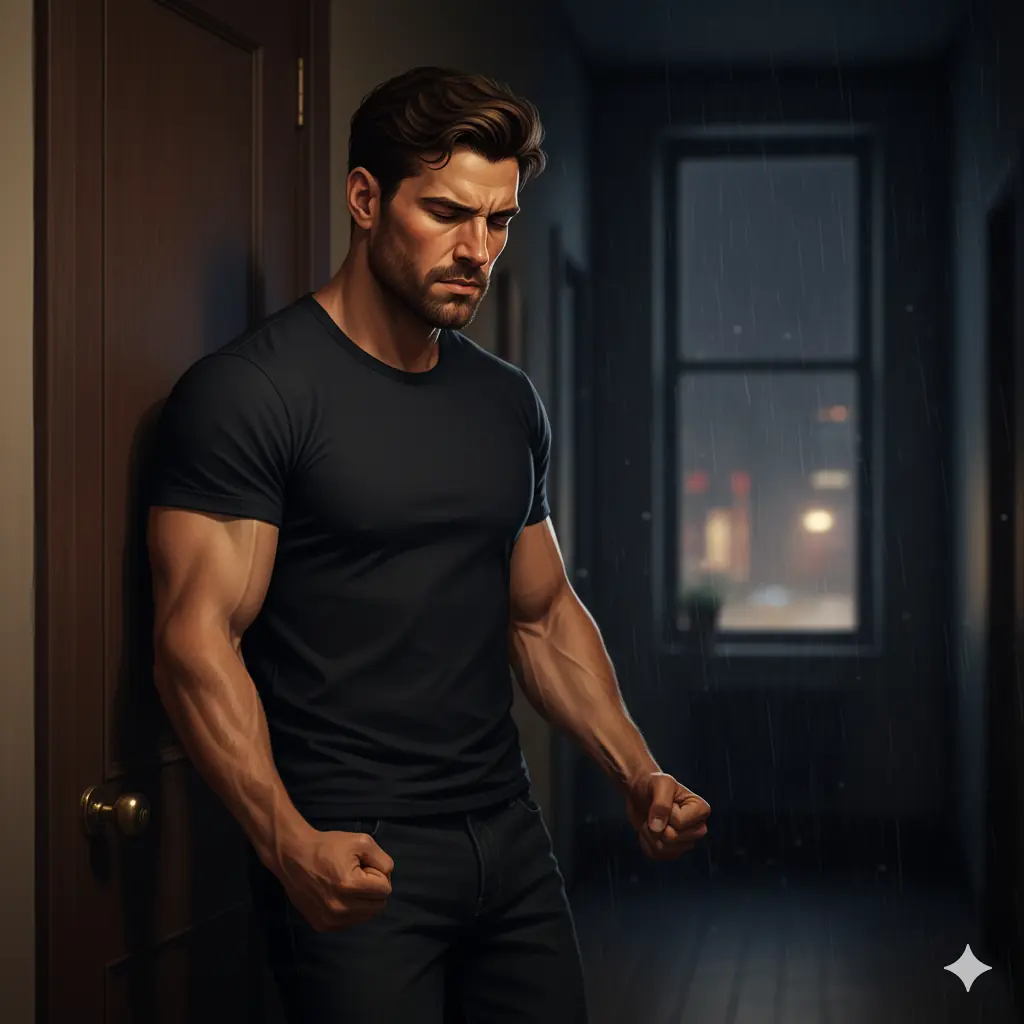 savingherbrokeme 拯救她的代價,是我自己 A man with dark wavy hair and a tense expression stands in a dimly lit hallway at night, leaning back against a closed door.